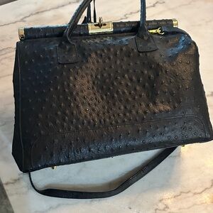 Merci Marie Elegant Black Leather Ostrich Embossed Handbag. Made in Italy.